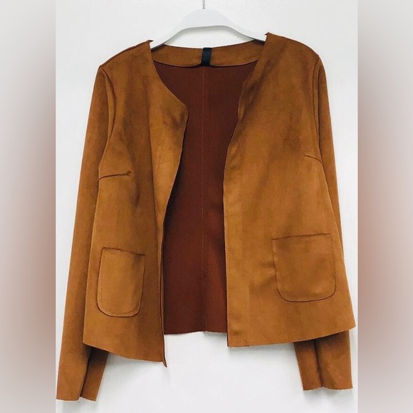 Venti6 Jackets & Blazers - (10210-SUE-CML) RAW EDGE FAUX SUEDE OPEN JACKET WITH POCKETS